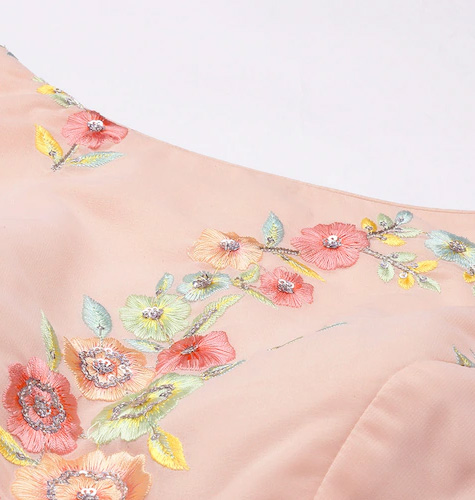 Pink Floral Embroidered Net Puff Sleeves Cut Out Detail Maxi Dress